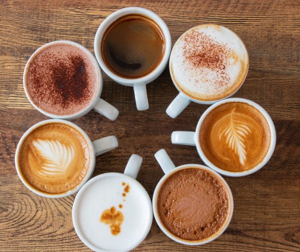 multiple cups of coffee and hot chocolate all in a circle