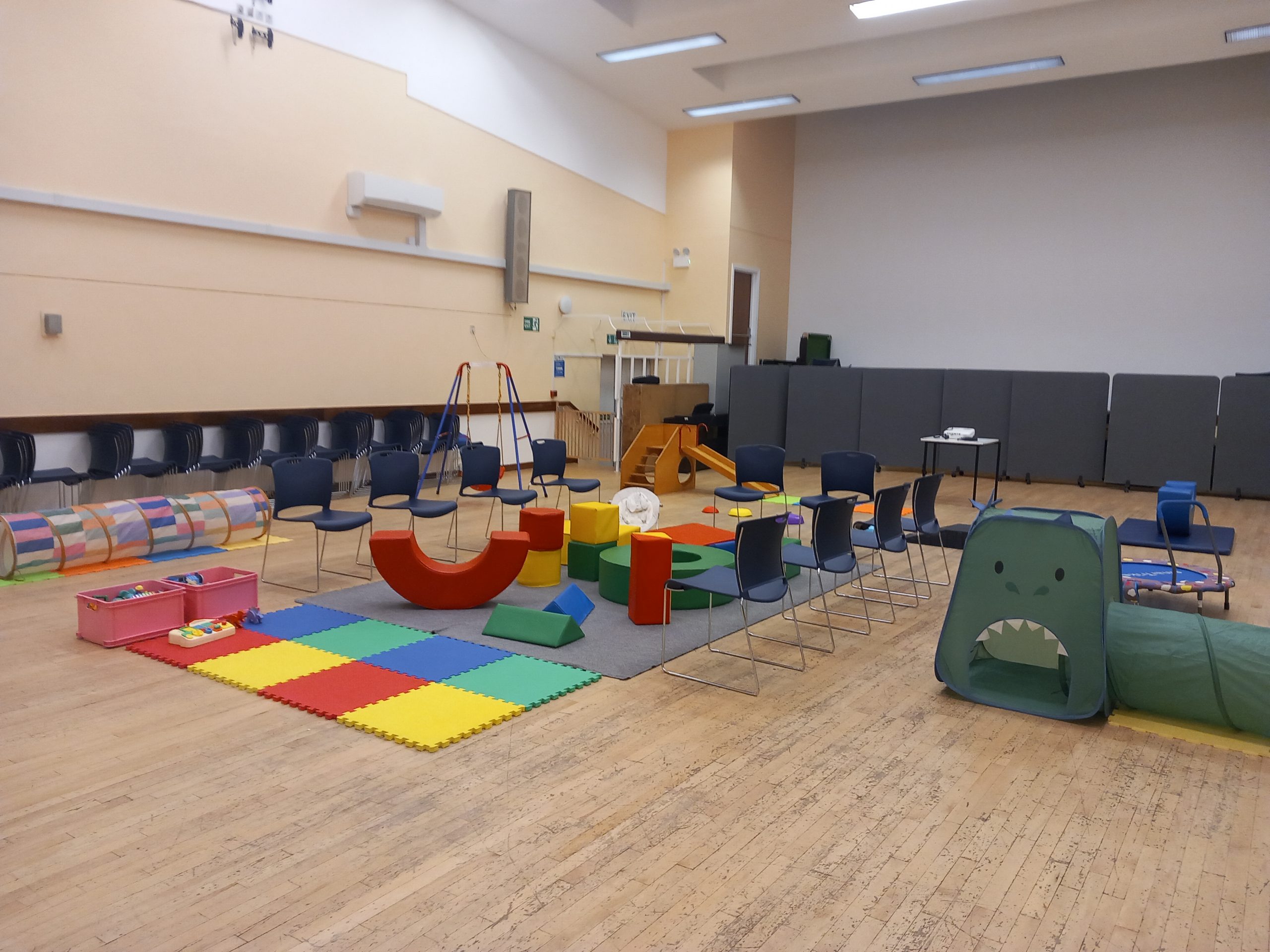 Jolly Toddlers Gym RM Hall Sally Butler, Youth worker at Kingston URC, with a group of toddlers.